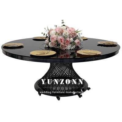 Καλή τιμή Τραπέζι δείπνου Black Dining Table με γυάλινη επιφάνεια για εκδηλώσεις, από ανοξείδωτο ατσάλι, στρογγυλό μεταλλικό κινητό τραπέζι γάμου σε απευθείας σύνδεση