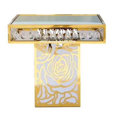 Καλή τιμή Τραπέζι για πάρτι γάμου πολυτελείας από ανοξείδωτο ατσάλι με τετράγωνη βάση τριαντάφυλλου και κρυστάλλινο γυαλί καθρέφτη σε απευθείας σύνδεση