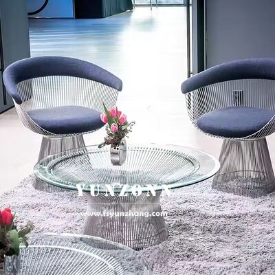 Καλή τιμή Πολυτελές στρογγυλό τραπεζάκι σαλονιού Mid-Century Modern Platner με επιχρωμιωμένη επιφάνεια από γυαλί και μεταλλική βάση από σύρμα σε απευθείας σύνδεση