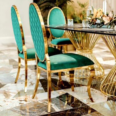 Καλή τιμή Ανθεκτική ανοξείδωτη καρέκλα γάμου Fancy Gold Στοιβάζεται για εξωτερικό γυμναστήριο Διαμέρισμα Βίλα Οβάλ πλάτη Εστιατόριο Δεξίωση Ενοικίαση σε απευθείας σύνδεση