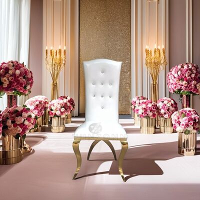 Καλή τιμή Πολυτελής Καρέκλα Τραπεζαρίας με Ψηλή Πλάτη σε Χρυσό Ανοξείδωτο Ατσάλι με Σταυρωτά Πόδια για Εξωτερικούς Χώρους, Σαλόνια, Ξενοδοχεία και Γάμους σε απευθείας σύνδεση