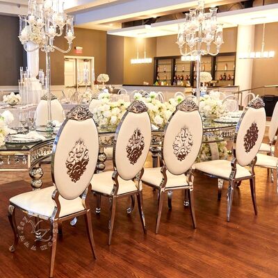 Καλή τιμή Σύγχρονη χρυσή ατσάλινη οβάλ κάθισμα με δέρμα για τραπεζαρία ξενοδοχείο και γάμο σύγχρονο στυλ για διαμέρισμα σε απευθείας σύνδεση